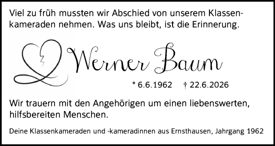 Traueranzeige von Werner Baum von Weilburger Tageblatt