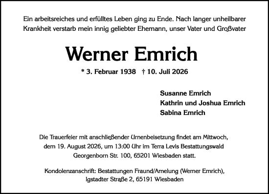 Traueranzeige von Werner Emrich von Wiesbadener Kurier
