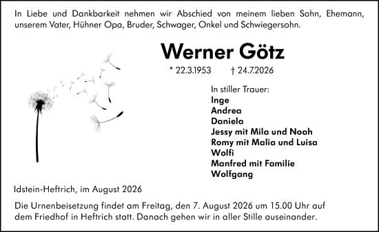 Traueranzeige von Werner Götz von Rheingau-Taunus-Kreis Wochenblatt