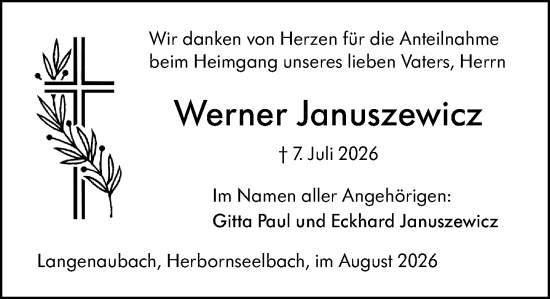 Traueranzeige von Werner Januszewicz von Dill Block