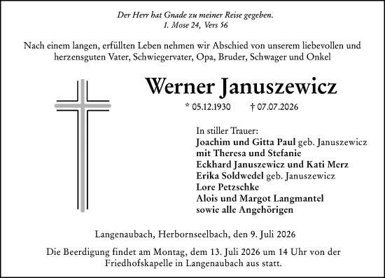 Traueranzeige von Werner Januszewicz von Dill Block