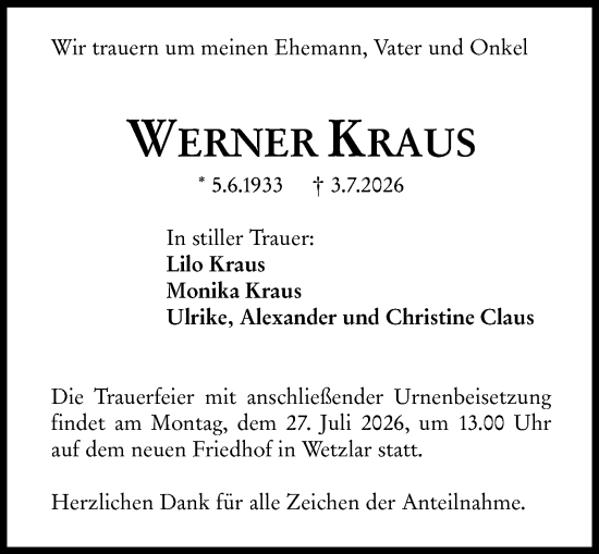 Traueranzeige von Werner Kraus von Wetzlarer Neue Zeitung