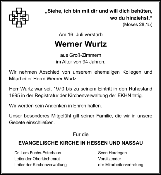 Traueranzeige von Werner Würtz von Darmstädter Echo