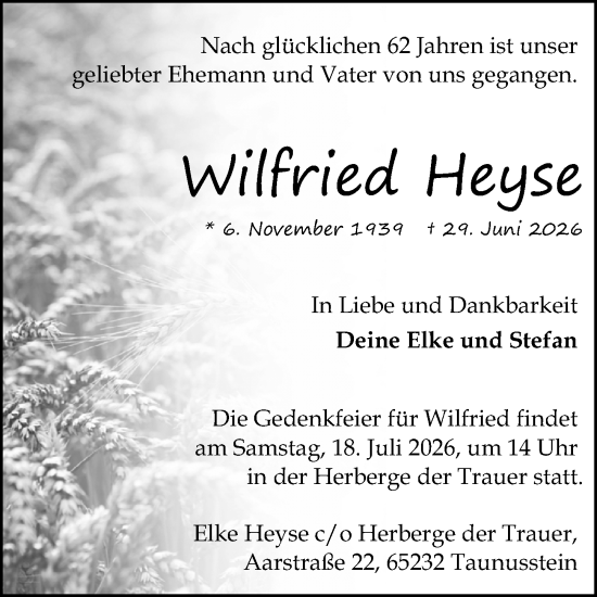 Traueranzeige von Wilfried Heyse von Idsteiner Land/Untertaunus