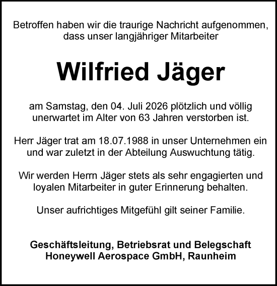 Traueranzeige von Wilfried Jäger von Rüsselsheimer Echo