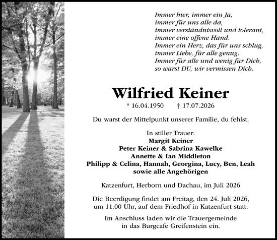 Traueranzeige von Wilfried Keiner von Wetzlarer Neue Zeitung