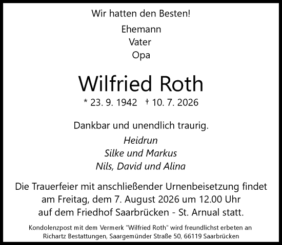 Traueranzeige von Wilfried Roth von Allgemeine Zeitung Mainz