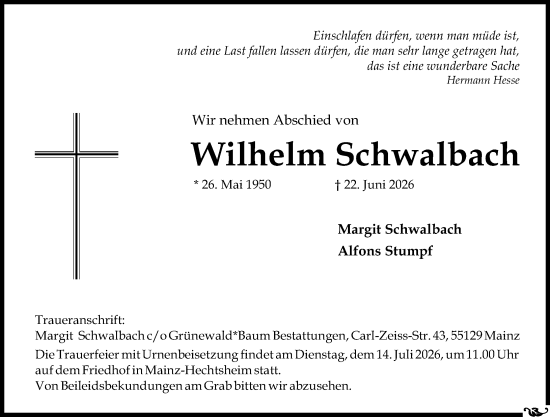 Traueranzeige von Wilhelm Schwalbach von Allgemeine Zeitung Mainz