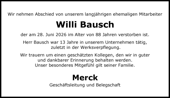 Traueranzeige von Willi Bausch von Darmstädter Echo