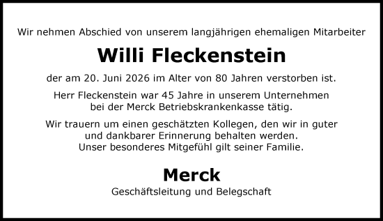 Traueranzeige von Willi Fleckenstein von Darmstädter Echo