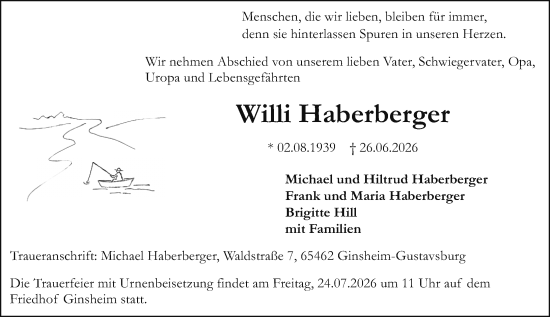 Traueranzeige von Willi Haberberger von Allgemeine Zeitung Mainz