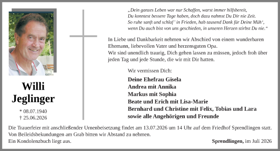 Traueranzeige von Willi Jeglinger von Allgemeine Zeitung Rheinhessen-Nahe
