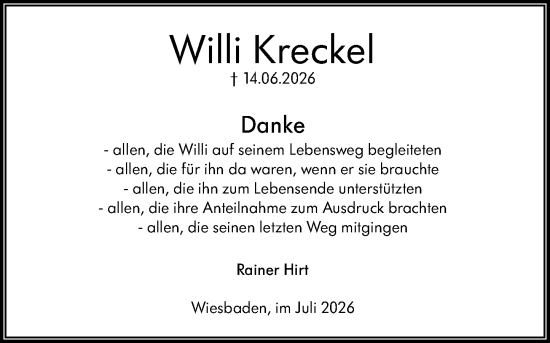 Traueranzeige von Willi Kreckel von Wiesbadener Kurier