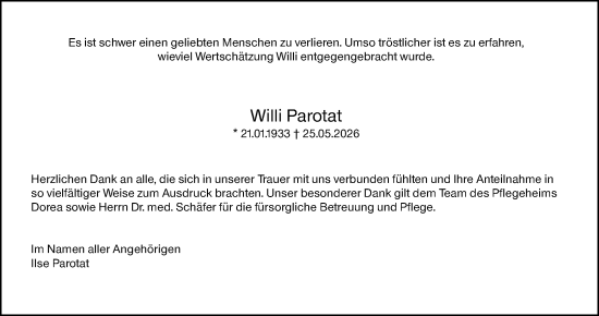 Traueranzeige von Willi Parotat von Allgemeine Zeitung Mainz