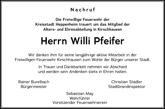 Traueranzeige von Willi Pfeifer von Starkenburger Echo