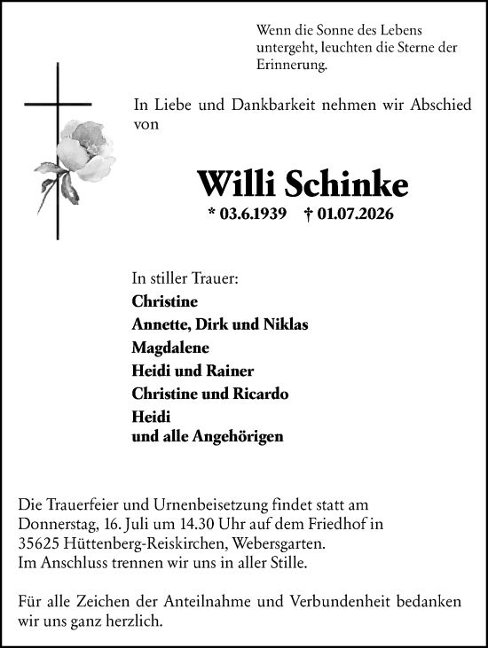 Traueranzeige von Willi Schinke von Wetzlarer Neue Zeitung