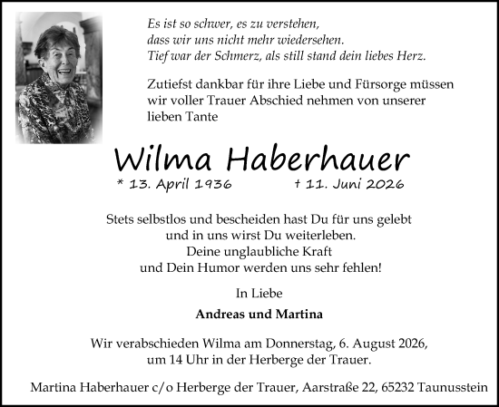 Traueranzeige von Wilma Haberhauer von Idsteiner Land/Untertaunus