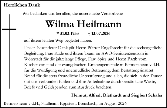 Traueranzeige von Wilma Heilmann von Allgemeine Zeitung Alzey
