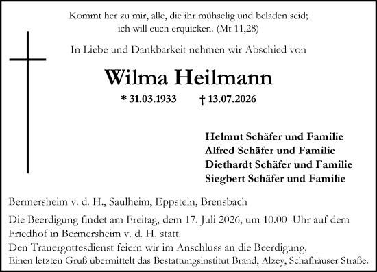 Traueranzeige von Wilma Heilmann von Allgemeine Zeitung Alzey