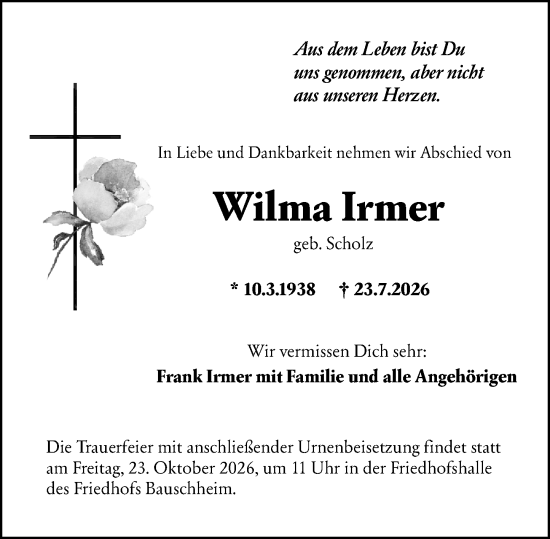 Traueranzeige von Wilma Irmer von Rüsselsheimer Echo