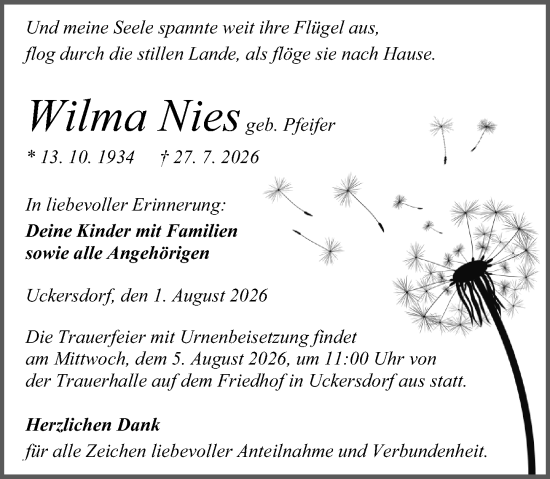 Traueranzeige von Wilma Nies von Dill Block