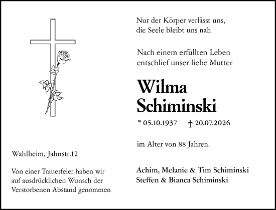 Traueranzeige von Wilma Schiminski von Allgemeine Zeitung Alzey