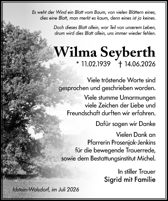 Traueranzeige von Wilma Seyberth von Idsteiner Land/Untertaunus