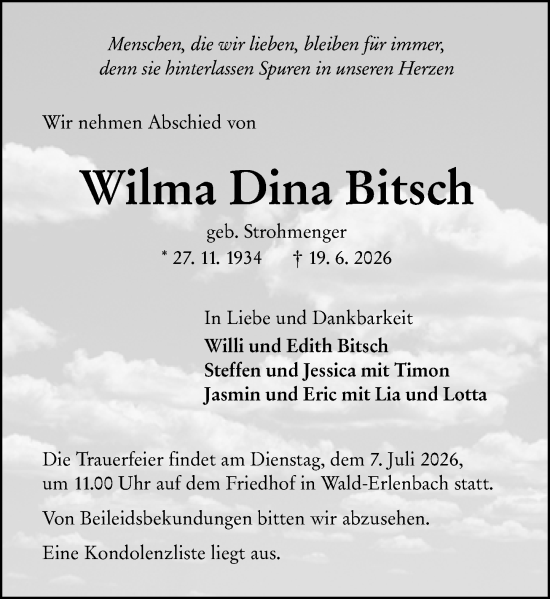 Traueranzeige von Wilma Dina Bitsch von Starkenburger Echo