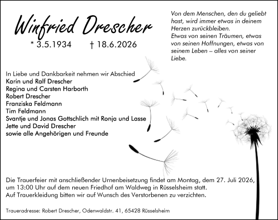 Traueranzeige von Winfried Drescher von Rüsselsheimer Echo
