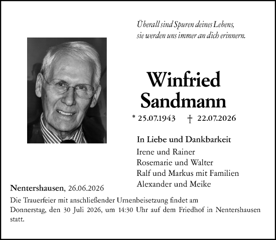 Traueranzeige von Winfried Sandmann von Nassauische Neue Presse