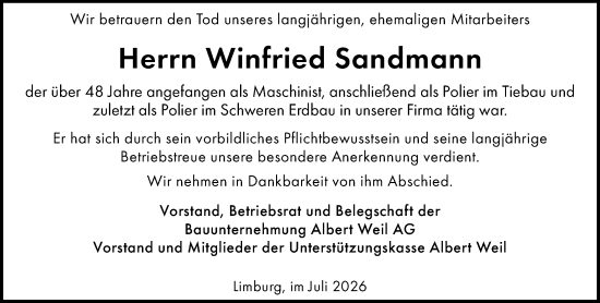 Traueranzeige von Winfried Sandmann von Nassauische Neue Presse