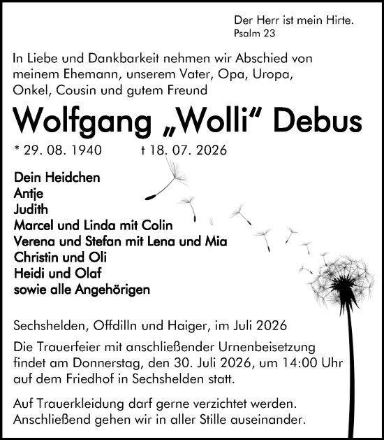 Traueranzeige von Wolfgang Debus von Dill Block
