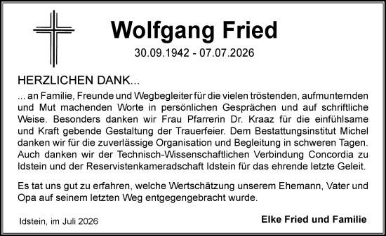 Traueranzeige von Wolfgang Fried von Idsteiner Land/Untertaunus