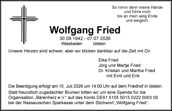 Traueranzeige von Wolfgang Fried von Idsteiner Land/Untertaunus