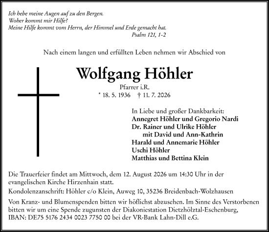 Traueranzeige von Wolfgang Höhler von Hinterländer Anzeiger