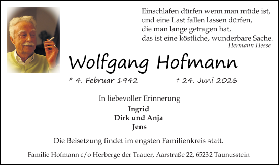 Traueranzeige von Wolfgang Hofmann von Wiesbadener Kurier