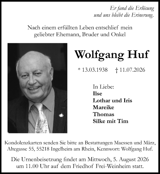 Traueranzeige von Wolfgang Huf von Allgemeine Zeitung Rheinhessen-Nahe