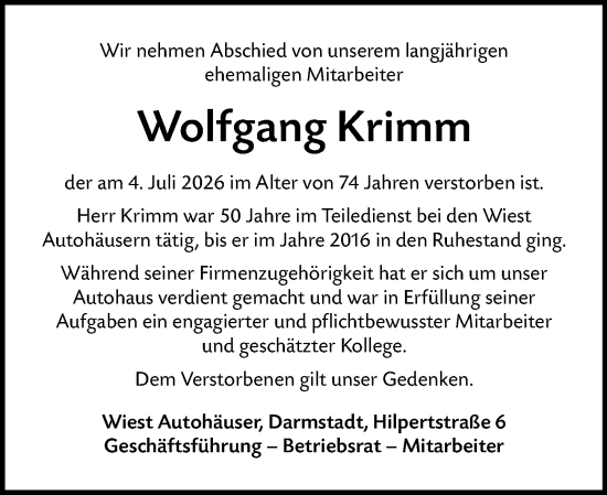 Traueranzeige von Wolfgang Krimm von Dieburger Anzeiger/Groß-Zimmerner Lokal-Anzeiger