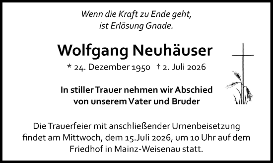 Traueranzeige von Wolfgang Neuhäuser von Allgemeine Zeitung Mainz