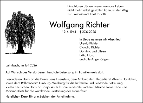 Traueranzeige von Wolfgang Richter von Weilburger Tageblatt
