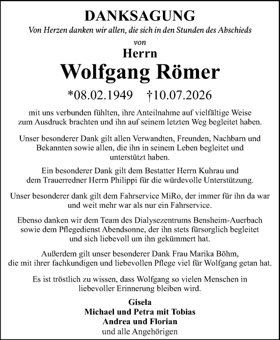 Traueranzeige von Wolfgang Römer von Starkenburger Echo