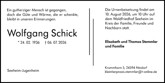 Traueranzeige von Wolfgang Schick von Darmstädter Echo