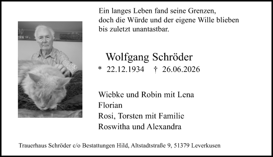 Traueranzeige von Wolfgang Schröder von Dill Block