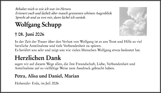 Traueranzeige von Wolfgang Schupp von Wetzlarer Neue Zeitung