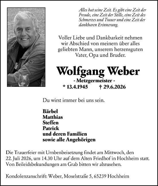 Traueranzeige von Wolfgang Weber von Hochheimer Zeitung