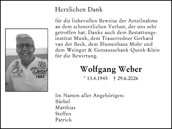 Traueranzeige von Wolfgang Weber von Wiesbadener Kurier