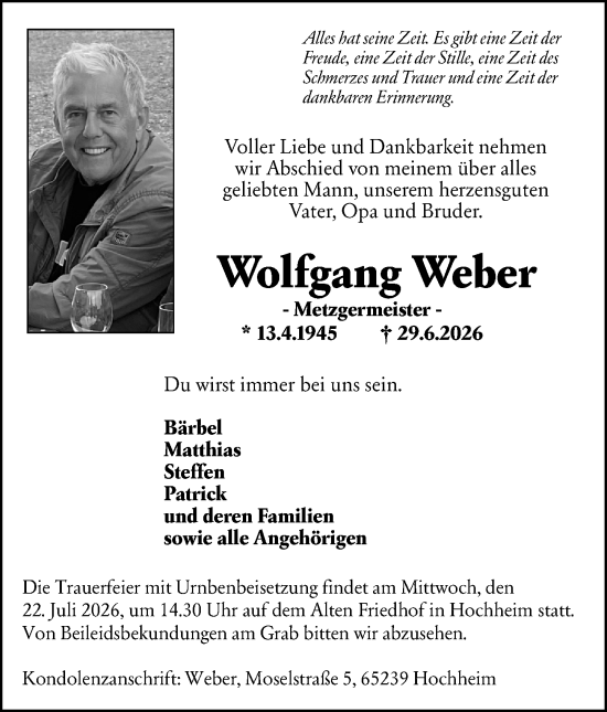 Traueranzeige von Wolfgang Weber von Wiesbadener Kurier