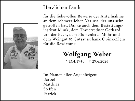 Traueranzeige von Wolfgang Weber von Hochheimer Zeitung