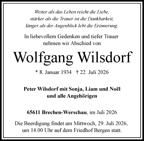 Traueranzeige von Wolfgang Wilsdorf von Nassauische Neue Presse