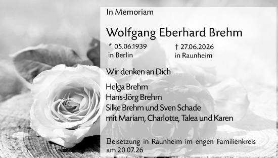 Traueranzeige von Wolfgang Eberhard Brehm von Rüsselsheimer Echo